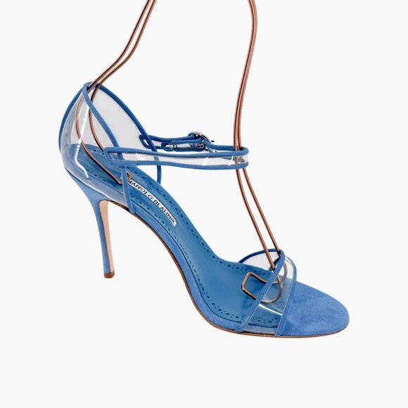 Manolo Blahnik Fersen PVC Sandals Size 40 US 10 Blue Suede High Heels Clear 105 - Picture 12 of 15
